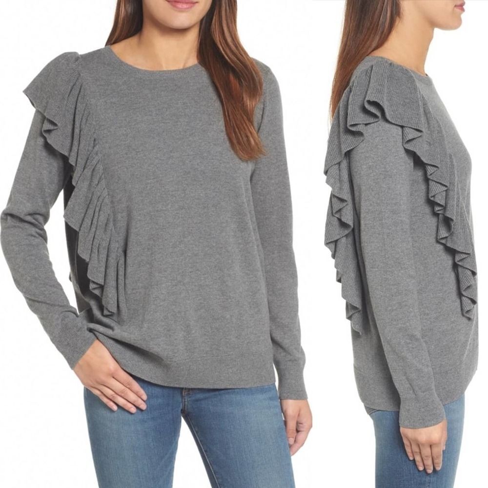 HALOGEN Asymmetrical Ruffle Sweater Grey Size S